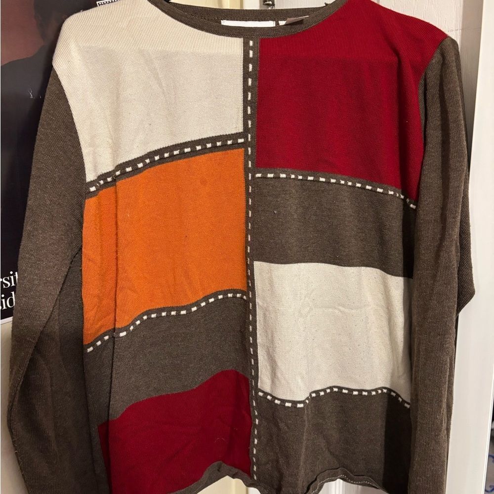 Alfred Dunner Red and Brown Color Block Sweater